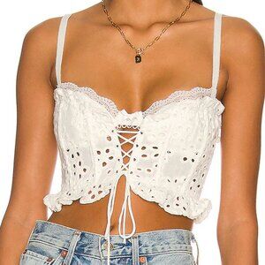 For Love And Lemons White Eyelet Lace-Up Crop Top